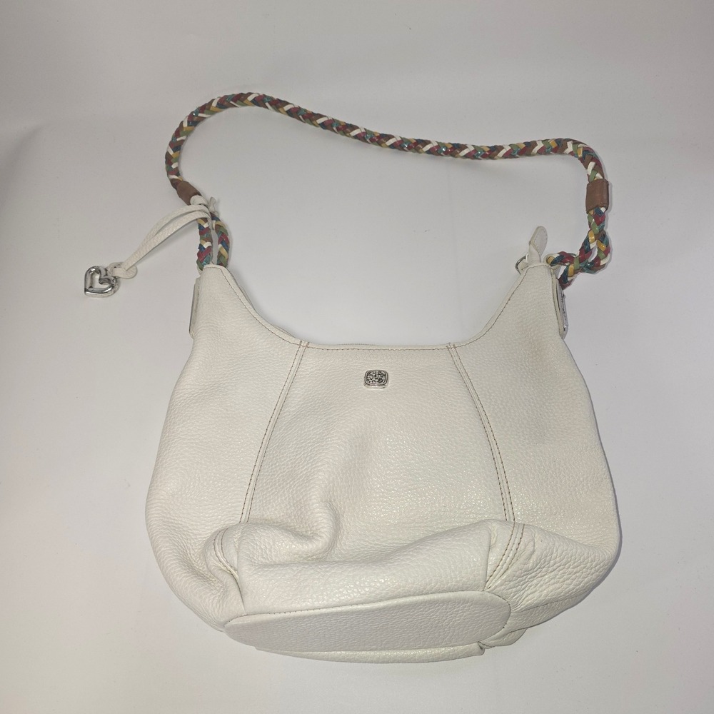 Brighton White Pebbled Leather Hobo Bag Multi Color Braided Strap Silver Heart